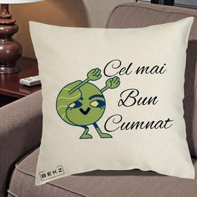Cadou pentru Cumnat - Perna Personalizata Cel mai Bun Cumnat cu Personaj Funny Verde, 40x40 cm, Ecru, Husa Detasabila, Perna Inclusa, BEKZ®