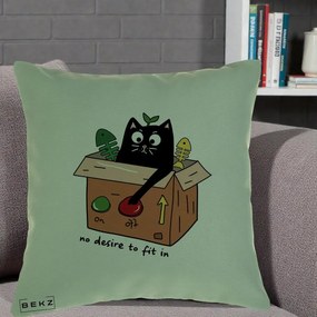 Perna Decorativa Pisica in Cutie No Desire to Fit In, 40x40 cm, Verde, Husa Detasabila, Perna Inclusa, BEKZ®