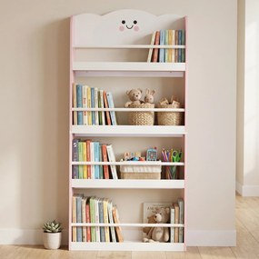 AIYAPLAY Bibliotecă Montessori Copii 3-6 Ani, Tematică Vată de Zahăr, 4 Rafturi din Lemn, Cameră Copii, Roz | Aosom Romania
