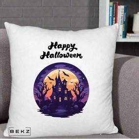 Perna Decorativa Happy Halloween Casa Bantuita Violet, 40x40 cm, Alb Pufos, Husa Detasabila, Perna Inclusa, BEKZ®