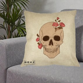 Perna Decorativa Craniu Floral Gothic, 40x40 cm, Crem, Husa Detasabila, Perna Inclusa, BEKZ®