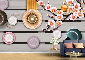 Tapet Premium Canvas - Cercuri colorate si ramura cu flori albe