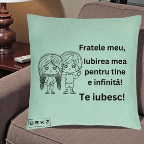 Cadou pentru Frate - Perna Personalizata Fratele Meu Te Iubesc Copii Anime Line Art Negru, 40x40 cm, Verde Menta, Husa Detasabila, Perna Inclusa, BEKZ®