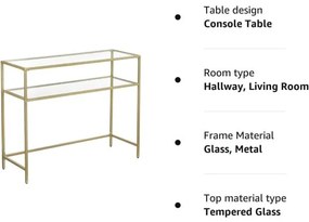 Consola Cu 2 Rafturi, Picioare Reglabile, Auriu, 100 Cm