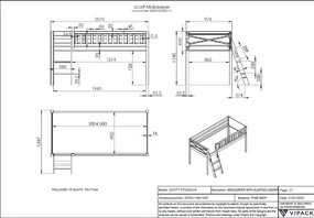 Pat supraetajat SCOTT cu scară, alb, 90x200 cm + Cort de joacă DINO – Vipack