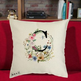 Cadou Personalizat - Perna Personalizata Monogram Litera C cu Flori Acuarela, 40x40 cm, Ecru, Husa Detasabila, Perna Inclusa, BEKZ®
