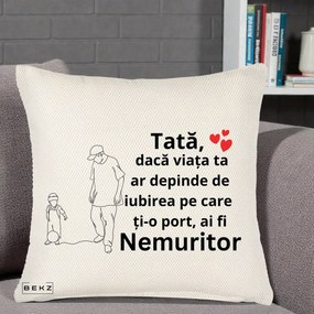 Cadou pentru Tata - Perna Personalizata Tata Nemuritor Joaca cu Mingea, 40x40 cm, Crem Reliefat, Husa Detasabila, Perna Inclusa, BEKZ®