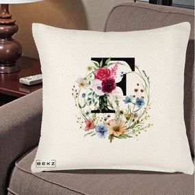 Cadou Personalizat - Perna Personalizata Monogram Litera F cu Flori Acuarela, 40x40 cm, Crem Reliefat, Husa Detasabila, Perna Inclusa, BEKZ®