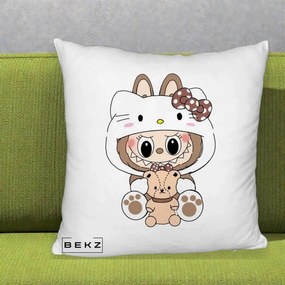 Perna Personalizata Labubu x Hello Kitty Maro-Vintage, 40x40 cm, Alb Pufos, Husa Detasabila, Perna Inclusa, BEKZ®