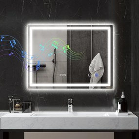 HOMCOM Oglindă Baie Anti-aburire Con Lumină Led E Difuzor Bluetooth 80x60 cm | Aosom Romania