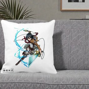 Perna Personalizata Attack on Titan Mikasa Ackerman Lupta, 40x40 cm, Alba Mata, Husa Detasabila, Perna Inclusa, BEKZ®