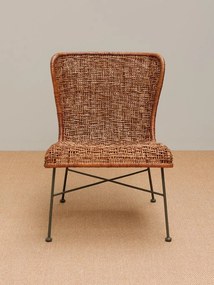 Scaun dining împletit din ratan, maro, cu spătar înaripat și picioare verzi din metal, 80 x 60 x 62 cm, „Melati”