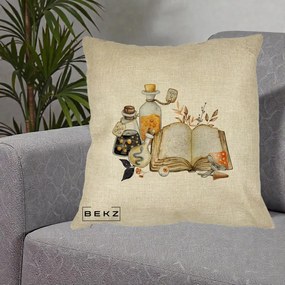 Perna Decorativa Grimoire Vrajitoare si Filtre Magice Halloween, 40x40 cm, Crem, Husa Detasabila, Perna Inclusa, BEKZ®