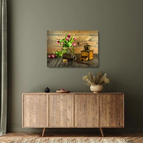 Tablou pe sticlă - lalele, râșniță și cafea (70x50 cm)
