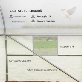 Outsunny Seră de grădină tunel de dimensiuni mari cu acoperiș PE cadru din oțel ușă rulabilă și 12 ferestre 8 x 3 x 2 m alb | Aosom Romania