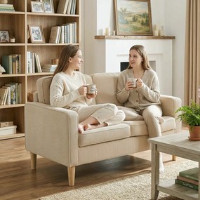 HOMCOM Canapea 2 locuri cu 2 perne decorative, depozitare, picioare din lemn masiv, loveseat mic modern, catifea côtelată, 117 x 63 x 79 cm, bej | Aosom Romania