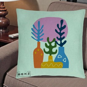 Perna Decorativa Vaze Botanice Abstract, 40x40 cm, Verde Menta, Husa Detasabila, Perna Inclusa, BEKZ®