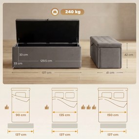 HOMCOM Pouf pentru ședere, suport pentru picioare, scaun, bancă mică, dulap pentru depozitare, gri | Aosom Romania