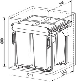 Cos gunoi incorporabil GTV Practi Eco, cu extragere automata, colectare selectiva, pentru corp de 600 mm, gri antracit, 2 x 17 l + 1 x 34 l Gri