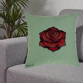Perna Decorativa Trandafir Rosu Tattoo, 40x40 cm, Verde, Husa Detasabila, Perna Inclusa, BEKZ®