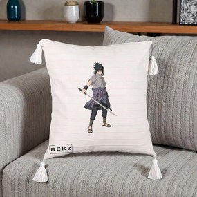 Perna Personalizata Naruto Sasuke Uchiha cu Sabia, 40x40 cm, Bej cu Franjuri, Husa Detasabila, Perna Inclusa, BEKZ®