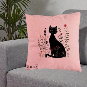 Perna Decorativa Pisica Neagra Botanica Rosu-Gri, 40x40 cm, Roz, Husa Detasabila, Perna Inclusa, BEKZ®