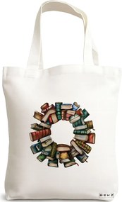 Sacosa de Panza pentru Cumparaturi, Geanta Tote, model Books and flowers 18 38 x 34.5 cm, Alba, BEKZ®
