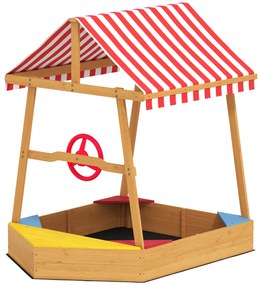 AIYAPLAY Bacă de nisip pentru copii în formă de barcă cu acoperiș anti-UV, scaune, roată de guvernare și fund protector, 133 x 101 x 141 cm | Aosom Romania