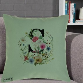 Cadou Personalizat - Perna Personalizata Monogram Litera S cu Flori Acuarela, 40x40 cm, Verde, Husa Detasabila, Perna Inclusa, BEKZ®
