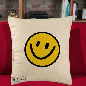 Perna Decorativa Smiley Face Galben Clasic, 40x40 cm, Bej, Husa Detasabila, Perna Inclusa, BEKZ®