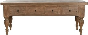 Masă consolă în stil etnic, din lemn de tec reciclat, natur, cu 4 sertare și picioare strunjite cu caneluri sculptate, 78 x 220 x 80 cm, „Grand Loft”