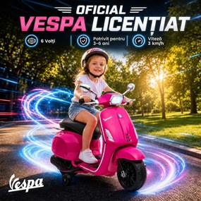 AIYAPLAY Motocicletă electrică pentru copii cu licență Vespa, roți ajutătoare, far și muzică, PP și metal, 107x47x73 cm, Roz | Aosom Romania