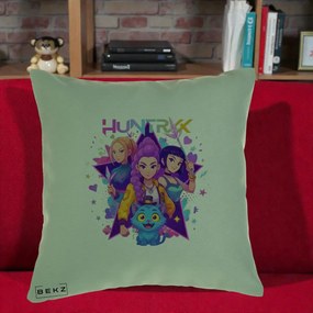 Perna Personalizata K-pop HUNTRX Trio cu Pisica Stele, 40x40 cm, Verde, Husa Detasabila, Perna Inclusa, BEKZ®