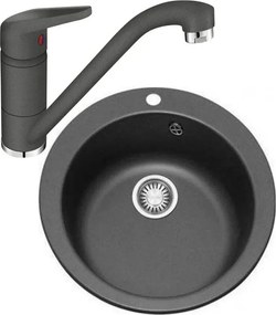 Set chiuveta bucatarie compozit Franke Single 1 cuva 50 cm tectonite finisaj negru mat cu baterie Novara Plus