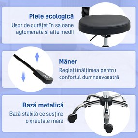 HOMCOM Taburet cu Roți, Rotativ 360°, Reglabil pe Înălțime, Piele Ecologică, Metal, 46x51x78-93 cm, Negru | Aosom Romania