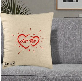 Cadou Romantic - Perna Personalizata Love You Doua Inimi, 40x40 cm, Bej, Husa Detasabila, Perna Inclusa, BEKZ®