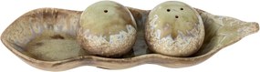 Set solniță și piperniță vintage din ceramică bej cu suport, 26x6x8 cm, „Kayo"