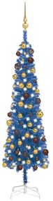 Set pom de Craciun subtire cu LED-uri globuri albastru 120 cm 1, albastru si auriu, 120 cm