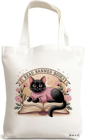 Sacosa de Panza pentru Cumparaturi, Geanta Tote, model I read banned books 2 38 x 34.5 cm, Alba, BEKZ®