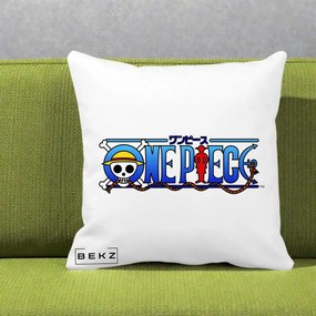 Perna Personalizata One Piece Clasic Albastru, 40x40 cm, Alba Mata, Husa Detasabila, Perna Inclusa, BEKZ®