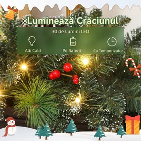 HOMCOM Ghirlandă de Crăciun 183 cm cu Crengi Înzăpezite și 30 de Lumini Albe, Conuri și Boabe pentru Interioare | Aosom Romania