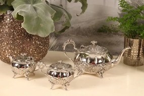 Set de ceai 3 piese din alamă lucrată manual, argintiu, ceainic, letieră și zaharniță cu motive florale în relief, finisaj nichelat, 14,5 x 30 x 17
