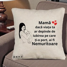 Cadou pentru Mama - Perna Personalizata Mama Nemuritoare Linie, 40x40 cm, Bej Canapea, Husa Detasabila, Perna Inclusa, BEKZ®