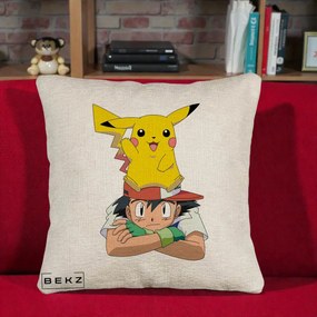 Perna Personalizata Ash si Pikachu, 40x40 cm, Bej Canapea, Husa Detasabila, Perna Inclusa, BEKZ®