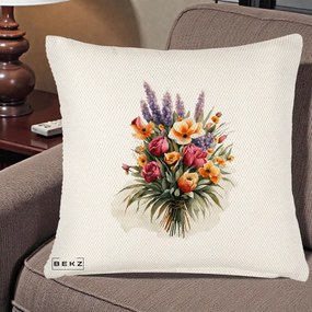 Perna Decorativa Buchet Mixt Acuarela Lavanda-Trandafiri, 40x40 cm, Crem Reliefat, Husa Detasabila, Perna Inclusa, BEKZ®