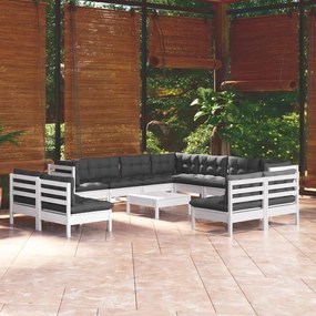 vidaXL Set mobilier grădină cu perne, 12 piese, alb, lemn masiv pin
