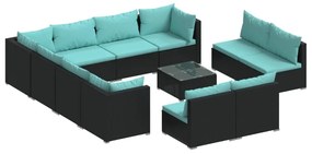 Set mobilier de gradina cu perne, 12 piese, negru, poliratan negru si albastru acvatic, 3x colt + 8x mijloc + masa, 1