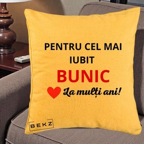 Cadou pentru Bunic - Perna Personalizata Pentru Cel Mai Iubit Bunic La Multi Ani Rosu, 40x40 cm, Galben, Husa Detasabila, Perna Inclusa, BEKZ®