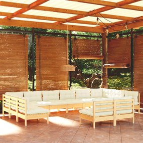 Set mobilier gradina cu perne crem, 12 piese, lemn masiv de pin