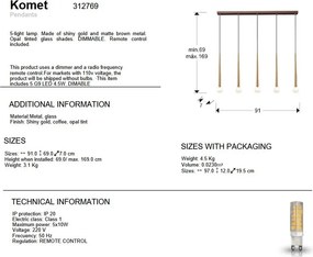 Lustra cu 5 pendule design modern Komet auriu/ cafeniu